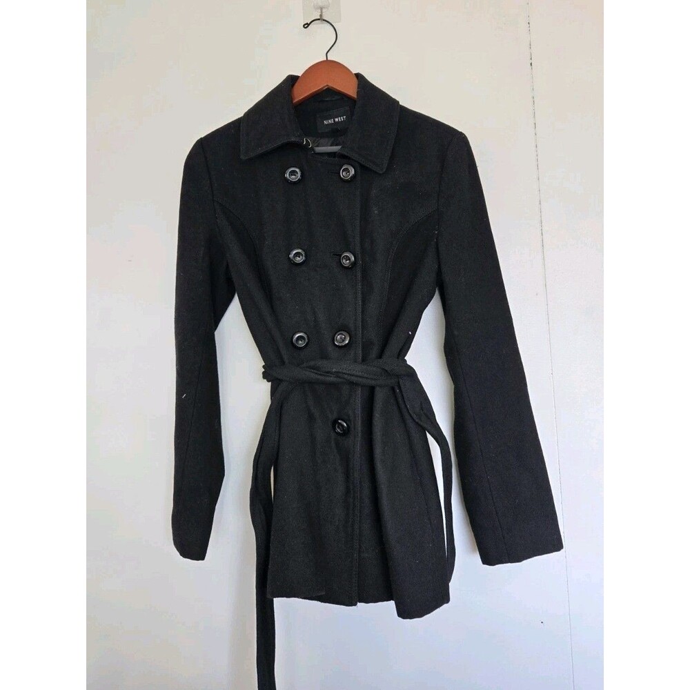 Nine West Womens 8 Black Wool‎ Blend Belted Peacoat Winter Old Money Classy
